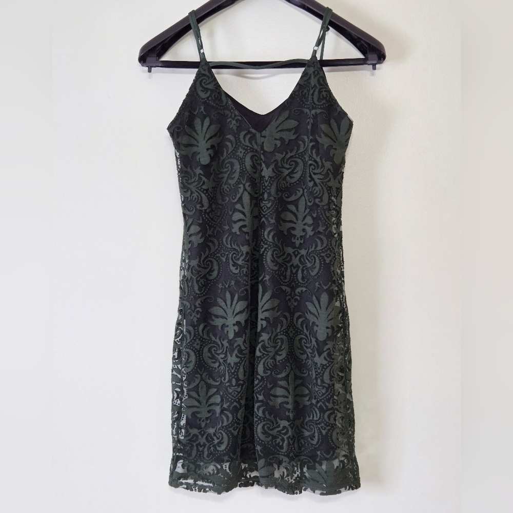 Dex Emerald Green+Black Damask Mesh Mini Dress Sz S Whimsigoth - Picture 14 of 16